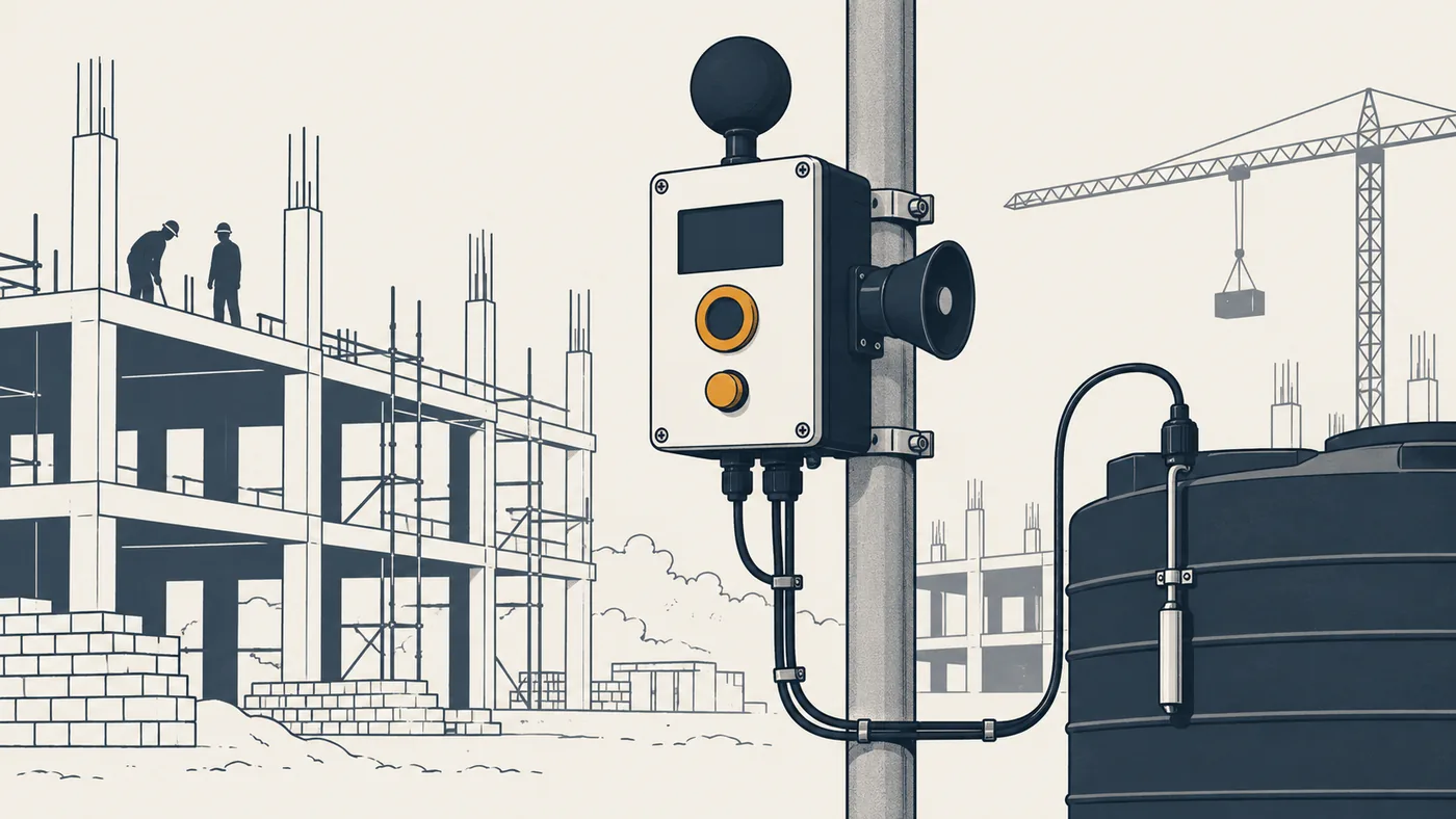 Illustration of the Pehra Site Box on a pole: black globe sensor, screen, button, siren and a cable to the water tank