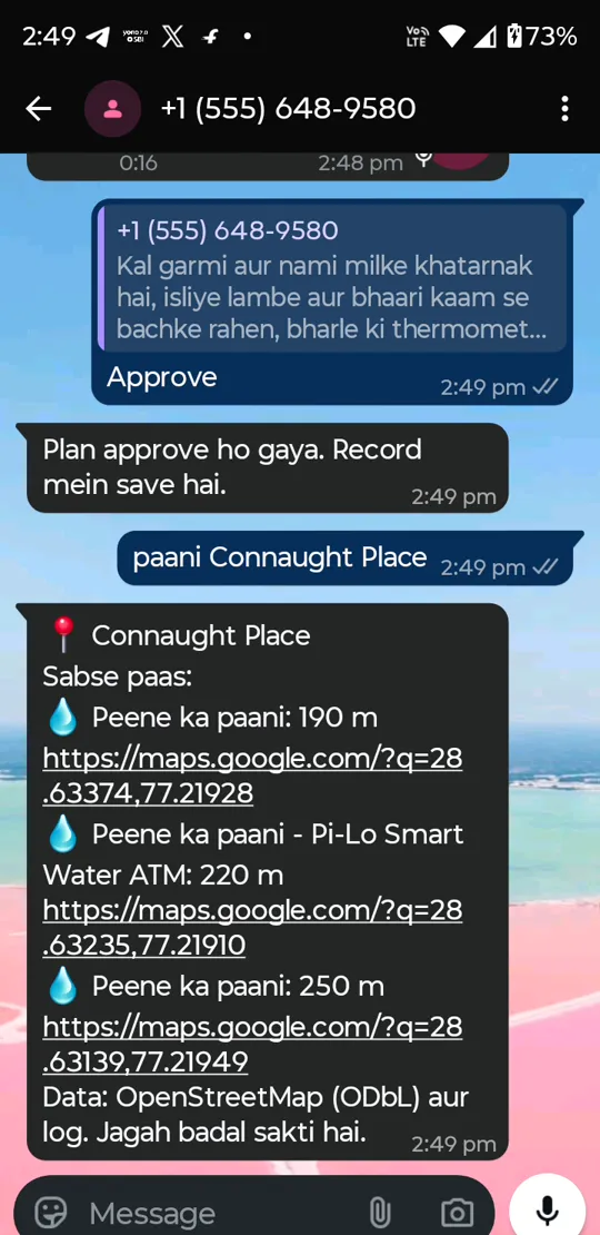 Lakshmi's WhatsApp: paani Connaught Place, nearest drinking water 190 m with map links