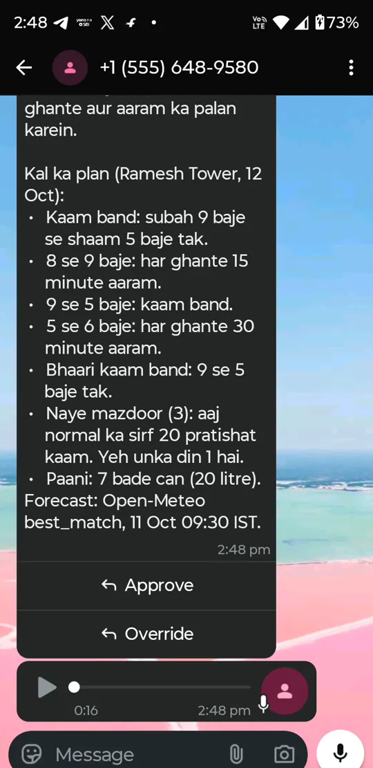 Ramesh's WhatsApp: tomorrow's plan with stop-work hours, rest minutes, water cans, a Hindi voice note and Approve/Override buttons